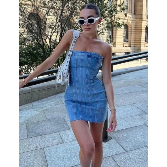 Zara DENIM BANDEAU DRESS  Size Large - Picture 8 of 10